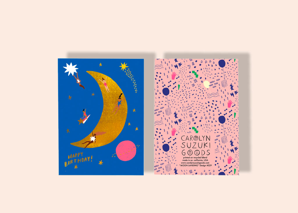 Blue and pink greeting card with moon and stars graphics, happy birthday theme